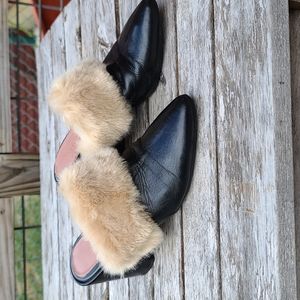 Barneys of New York Ladies black leather faux fur mules